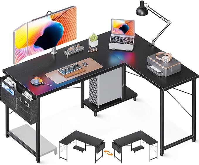AODK L Shaped Desk 50 Inch Computer Desk with Storage Bag Reversible Home Office Desk with Host Stand Black Corner Table for Bedroom Studio Modern Wood PC Desk for Study Work