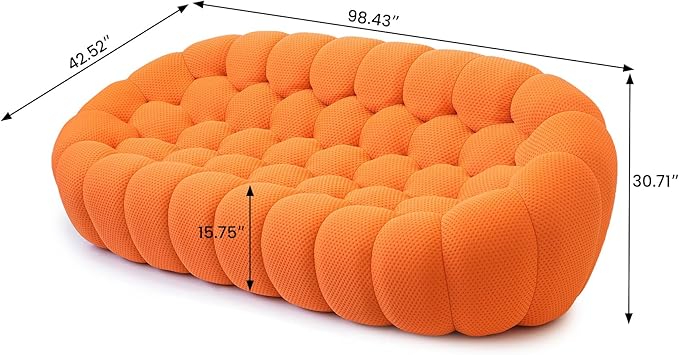 JACH Bubble Curved Couch 98.43'' Comfy Upholstered Sofa Mesh Fabric Floor Sofa 3D Honeycomb Shape Modern Couch for Living Room Office Apartment Small Space (3 Seater Orange)