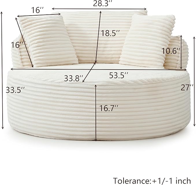 KEIKI 53.5 Oversized Round Chair Large Barrel Chairs Upholstered Accent Corduroy Single Sofa Armchair for Living Room Lounge Beige