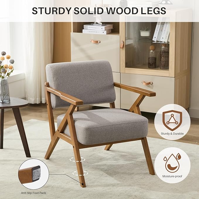 Ergonomic Mid-Century Modern Lounging Armchair | Solid Wood Frame &amp Plush Thickened Cushion | Versatile Seating for Living Room Reading Nook &amp Balcony Light Grey Linen