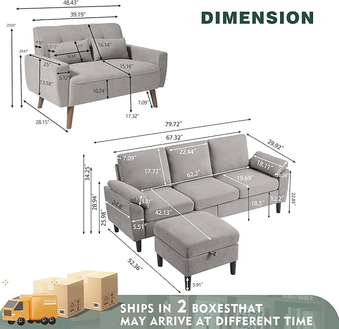 79 Convertible Sectional Sofa Set Modern Linen Small L Shaped Couch with Reversible Chaise and Loveseat Sofa 3-Seat Sofa Couches for Living Room Office Apartment Light Grey