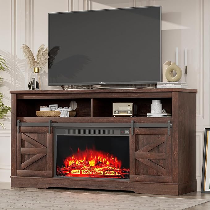 YESHOMY Fireplace TV Stand for Television up to 65+ Inch with Storage and Farmhouse Sliding Barn Doors Entertainment Center with Cabinet and Shelves Media Console for Living Room Dark Brown
