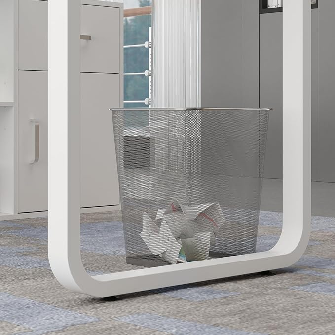 Hitow Reversible Office Desk with Storage Cabinet Executive Computer Desk Writing Table Rotatable to 96.4 Wide or as L Shape Desk Metal Legs Corner Workstation for Home Office White