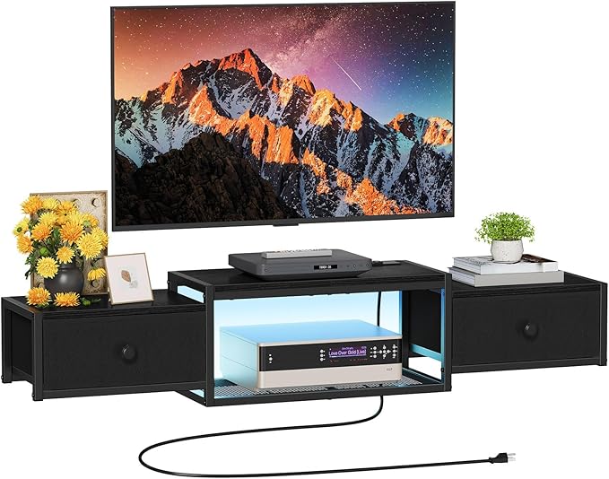 Snughome Floating TV Stand Wall Mounted with Power Outlet 55 Floating Entertainment Center with LED Lights Floating TV Shelf with Drawer Wall Mounted Media Console Shelf for Living Room Bedroom