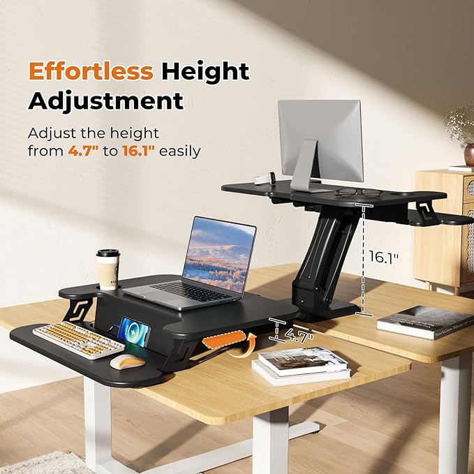 35 Small Standing Desk with Clamp-on Desk Converter Desktop Riser with Keyboard Tray Add on Home Office Desk Rustic Brown
