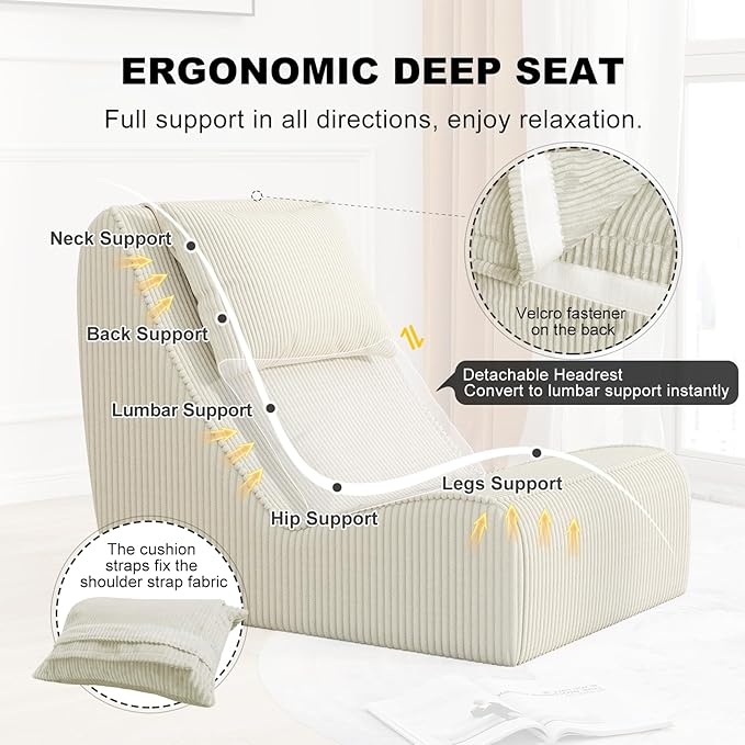 Giant Bean Bag Chair for AdultsCorduroy Chaise Lounge with Unrivaled Back Support Detachable Neck Pillow Comfortable Ottoman &amp Washable Cover for Living Room Bedroom Garden(White)