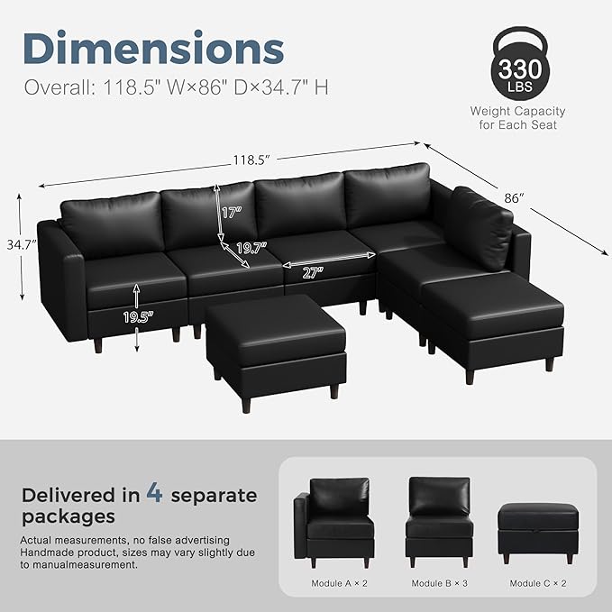 ABCASA 118.5 Faux Leather Modular Sectional Sofa L Shaped Couch Set for Living Room 7-Seater Comfy Cloud Couches with Storage Seat Black