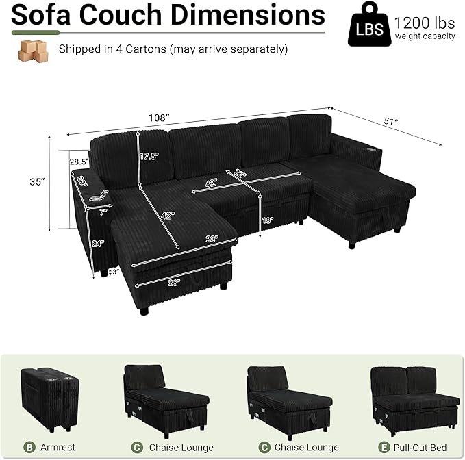 Sectional Sleeper Sofa with Pull Out Bed Storage Chaise Sectional Couches for Living Room Black Corduroy Couch with Storage Pull Out Bed 2 Cup Holders &amp USB Charging Ports Black