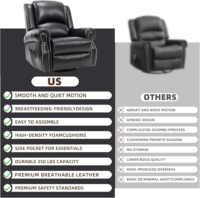 PELUMY Breathable Leather Swivel Rocking Recliner Chair for Adults 360° Swivel Glider Rocker with Heat &amp Vibrating Massage Lounge Chair for Living Room Bedroom Nursery (Black)