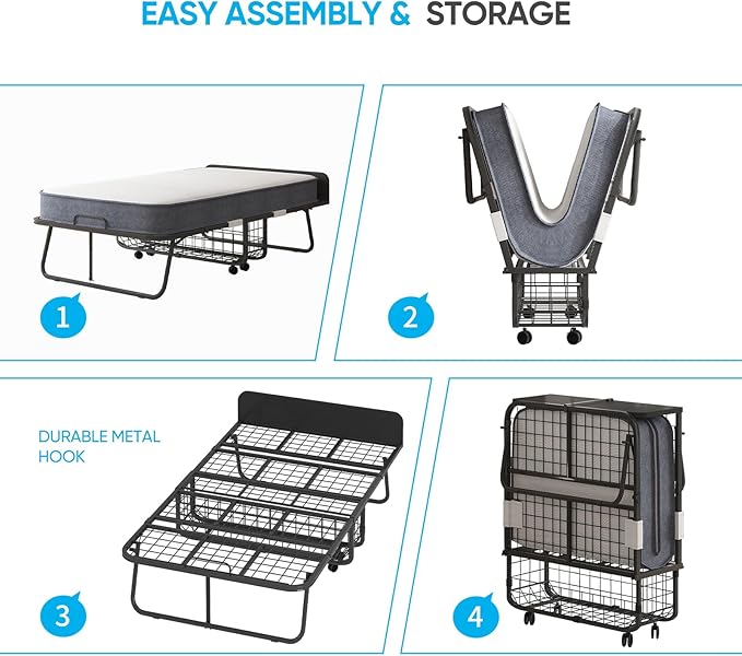 PUREMIND Folding Bed with 5'' Mattress for Adults Rollaway Sofa for Adults with Basket Dustproof Bag &amp Head Baffle Upgrade Single Portable Foldable Bed with Metal Frame &amp Swivel Wheels