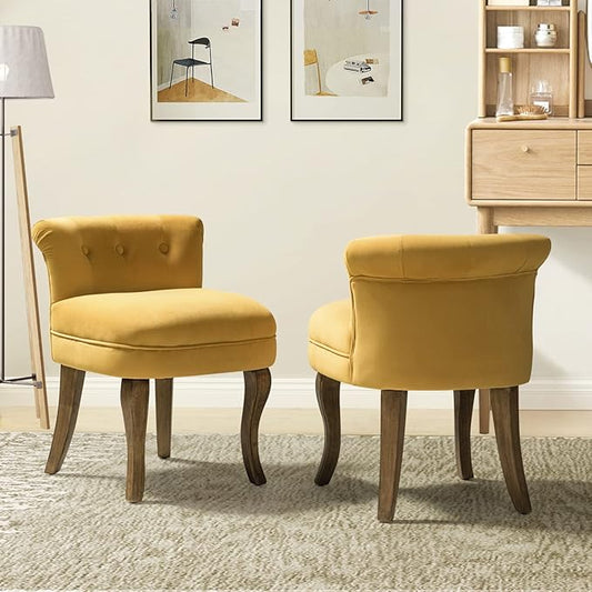 HULALA HOME Velvet Vanity Chairs with Low Back Modern Vanity Stool with Solid Wood Legs Small Upholstered Makeup Chair for Bedroom Living Room Dressing Women Girls Set of 2 Mustard