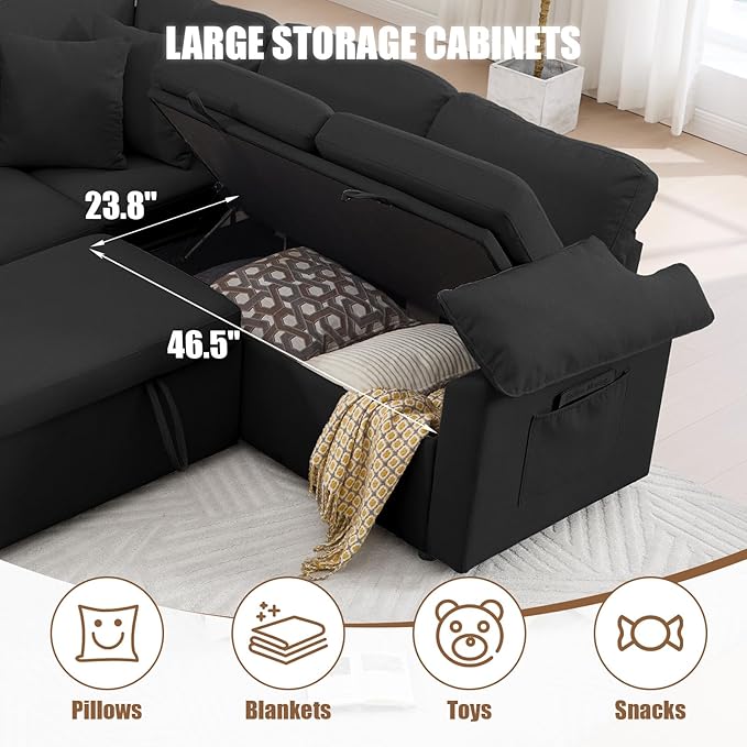 85 Modular Sectional Sofa with Pull Out Bed L Shaped Couch with Storage 5-Seater Sleeper Sofa Sectional Couches for Living Room Cloud Modular Couch with Removable Sofa Cover
