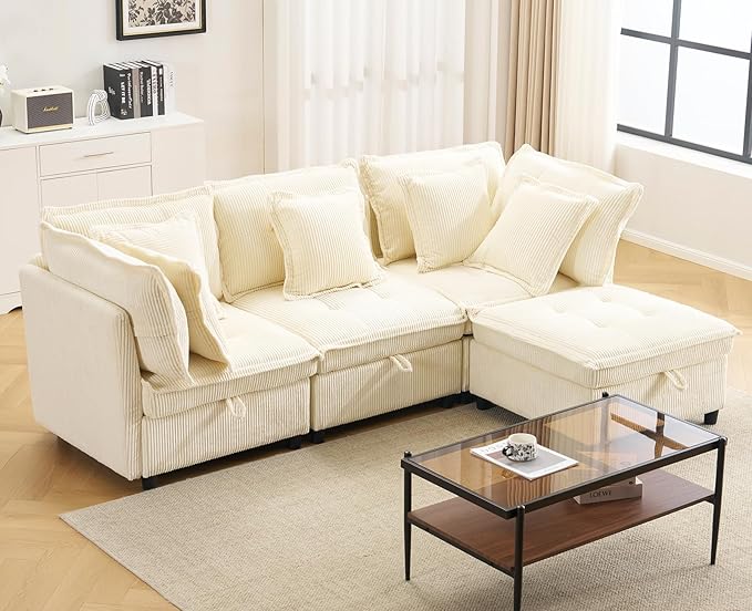 103 Modular Sectional Sofa L-Shaped Corduroy Comfy Sectional Couches for Living Room 3-Seater Cloud Couches with 1 Ottoman Modern Deep Seat Sofa with Large Storage Corduroy Beige