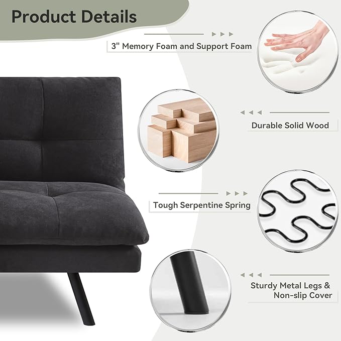 Convertible Futon Sofa BedMemory Foam Linen Fabric Futon Couch with Adjustable BackrestFolding Loveseat Sleeper Recliner for for Living RoomOfficeApartmentDeep Black
