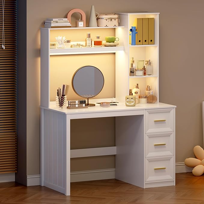 LVSOMT 40” Home Office Desk with Hutch and Drawers Computer Desk with Power Outlets and LED Light Study Writing Gaming Table with Storage Shelves Workstation for Bedroom White