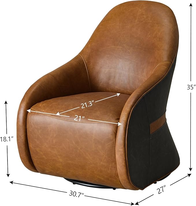 Two-Tone Leather Swivel Barrel Chair Accent Chair with Solid Wood Frame No Assembly for Living Room or Office (Brown)