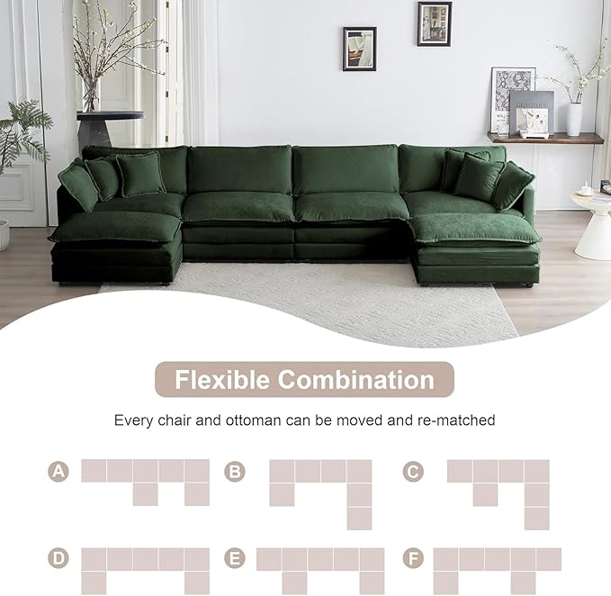 111.5 Modular Sectional Sofa Deep Seat Cloud CouchConvertible 3-Seater Comfy Chenille Upholstered Sofa Set for Living Room Apartment Studio – Green