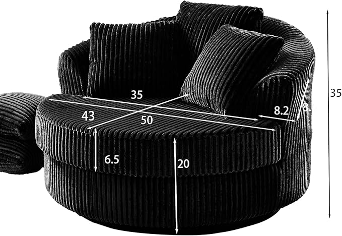 360° Swivel Accent Barrel Chair Corduroy Comfy Round Swivel Chair with Mental Base &amp Pillows Modern Lounge Reading Armchair Upholstered Plush Sofa Chairs for Living Room Bedroom Apartment(Bla