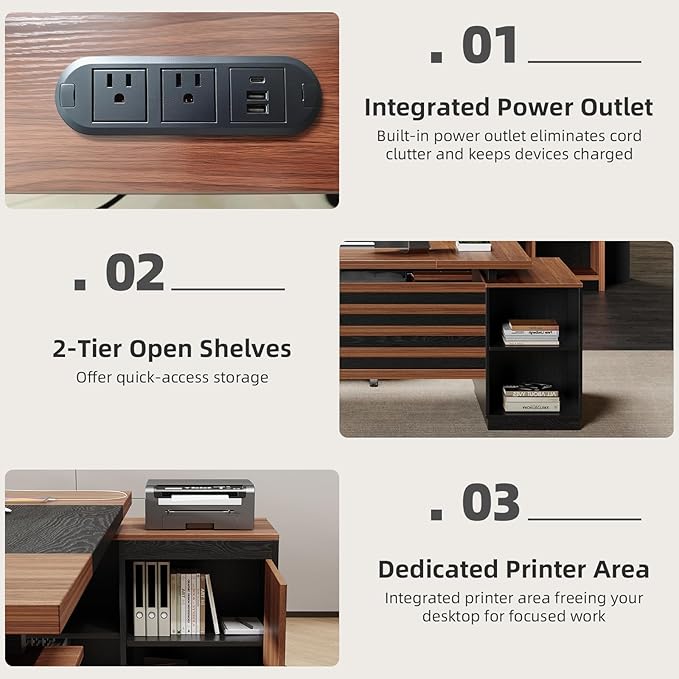 Executive L-Shaped Desk with Storage Cabinet 78-Inch Large Home Office Desks with Power Outlet and Lateral File Cabinet Modern Computer Desk with Drawers and Open Shelf Brown Black
