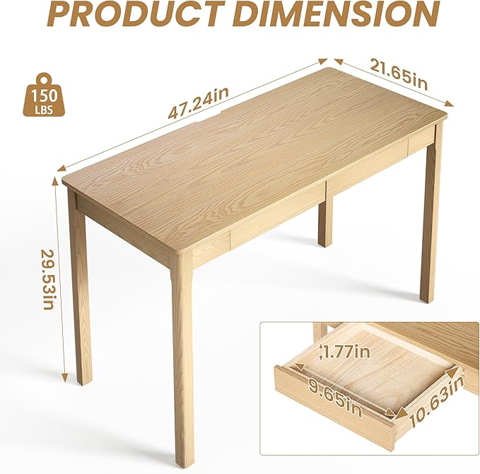 100% Solid Wood Desk with 2 Drawers 47 Inch Mid Century Modern Desk Vintage Writing Ash Wooden Desks Computer Table for Home Office Bedroom Living Room