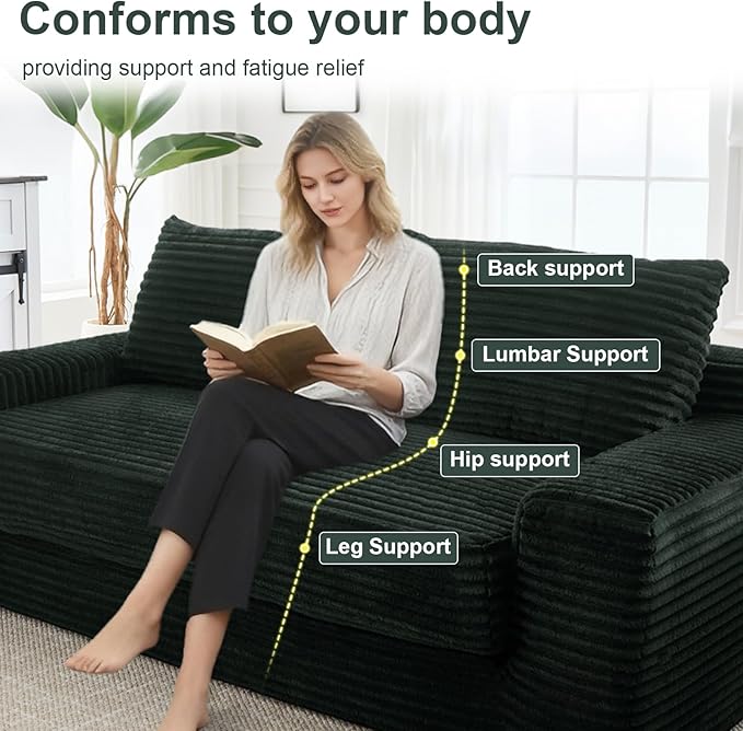 GNIXUU Corduroy Cloud Loveseat Sofa 2 in 1 Convertible Sleeper Sofa with Fixed-Shape Frame Comfy Folding Boneless Love Seat Couches for Living Room Apartment Small Spaces Green