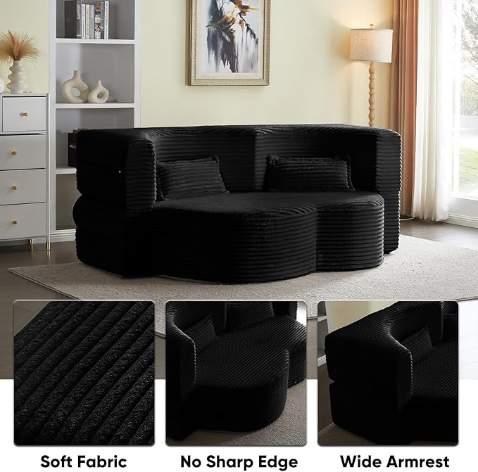JOYBASE 78in Sofa Couch Convertible Oversized Cloud Loveseat Minimalist Sleeper Sofa Bed for Living Room Apartment Office No Assembly Required (Black Corduroy)