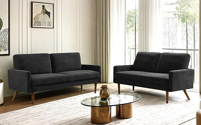 Kent 2 Piece Velvet Sofa and Loveseat Set European Style with Modern &amp Vintage Flair Upholstered 5 Seater Couch Chic Living Room Furniture Seating for Home Apartment or Office Black
