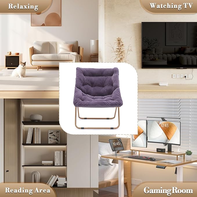 Athena Collection Comfy Saucer Chair and Ottoman Set for Adult Comfortable Faux Fur Square Oversize Folding Reading Chair with Metal Leg Lazy and Cozy for Bedroom Living Room Purple