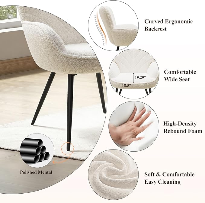 Mid-Century Sherpa Upholstered Accent Chair Cozy Armchair with Curved Backrest Sturdy Metal Legs Soft Fabric Chair for Living Room Bedroom &amp Reading AreaBeige
