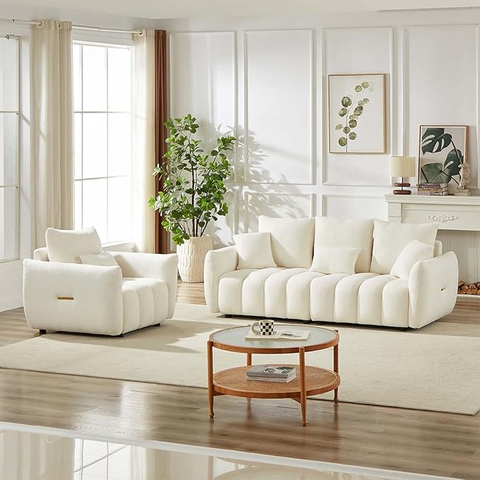 Antetek Teddy Sofa Set for Living Room Modern Deep Seat Sofa Chair and Oversized 3-Seater Cloud Boucle Couch for Bedroom Office Apartment Furniture Set Beige (2 Piece)