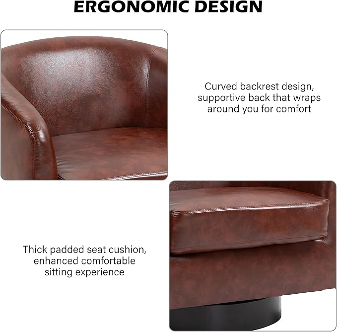 Swivel Barrel Accent Chair Modern Round Faux Leather Arm Chair for Living Room Bedroom Comfy Club Reading Chairs for Adults(Faux Leather Red Brown Set of 1)