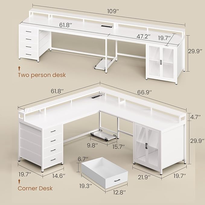 SEDETA L Shaped Gaming Desk with 4 Drawers 109” Computer Desk with Display Cabinet Home Office Desks with 2 Monitor Stands CPU Stand LED Lights and Power Outlet White