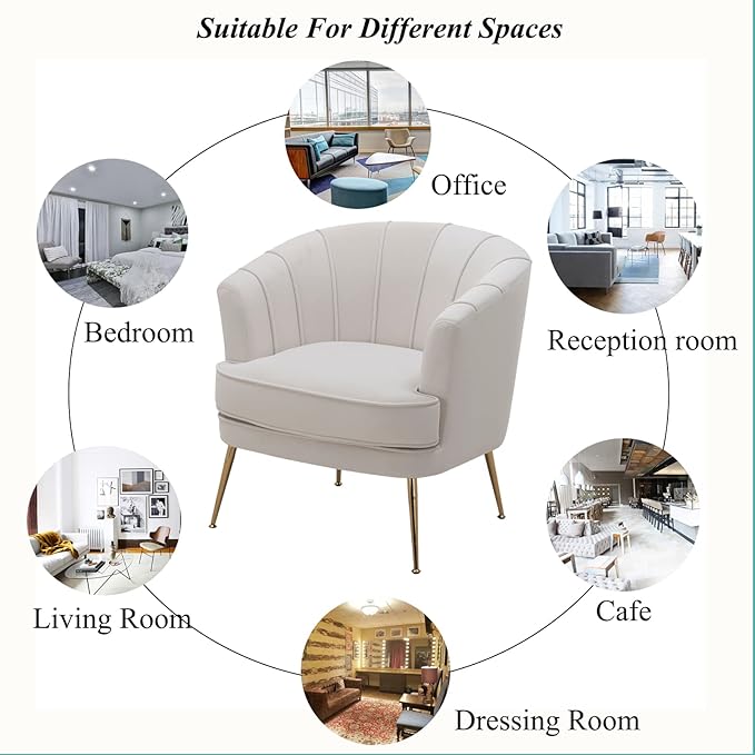 Artechworks Modern Velvet Barrel Chair Accent Armchair with Golden Legs for Living Room Bedroom Home Office Channel Tufted Back Club Chair Beige White Cream
