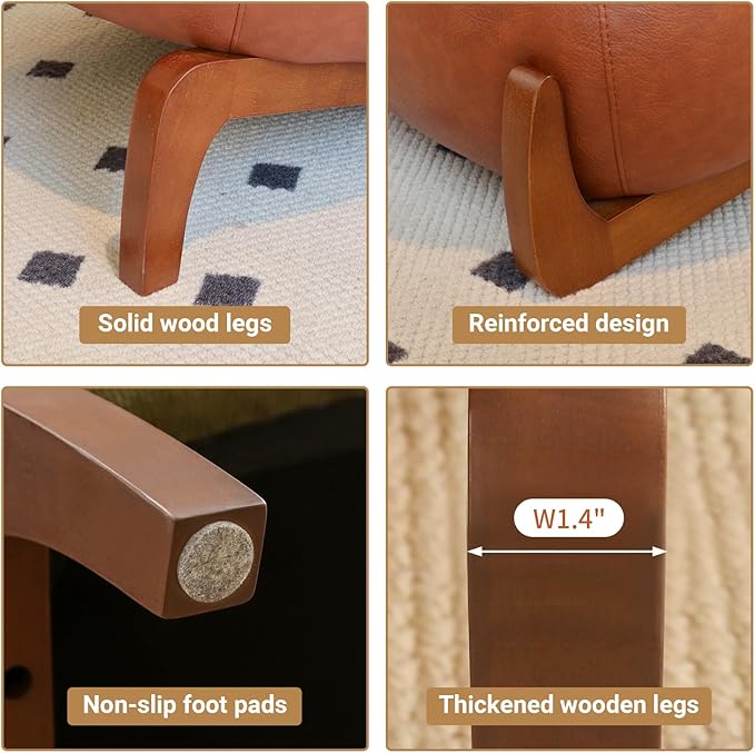 KEIKI Accent Chair with Solid Wood Legs Faux Leather Single Seat Sofa for Living Room or Bedroom Comfy Armless Reading Chaise Lounge Brown
