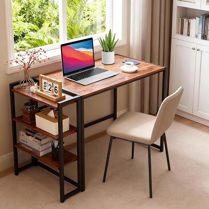 35 Inch Folding Writing Desk with Storage Shelf No Assembly Required Space Saving Computer Desk Sturdy Foldable Table for Bedroom Home Office Dorm Apartment Brown
