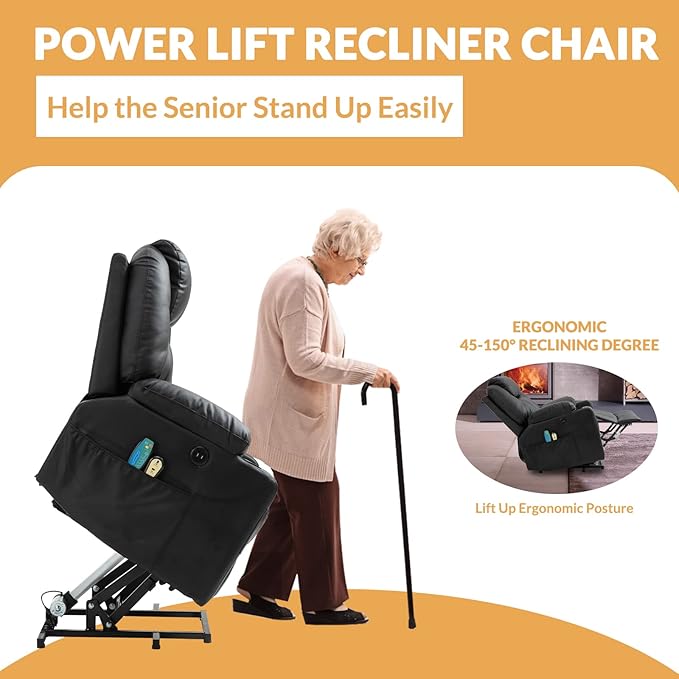 Electric Power Lift Recliner Chair with Heat and Massage Lift Recliner for Elderly Single Sofa recliners for Living Room with Cup Holders 4 Pockets USB Ports Faux Leather (Black)