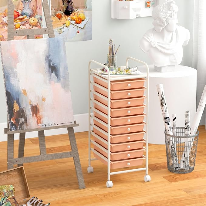 Giantex 10-Drawer Storage Cart w/Universal Wheel Rolling Cart w/Handle Home Organizer Storage Unit w/Removable Drawers Trolley Utility Cart for Kitchen Makeup Living Room Office Play Room
