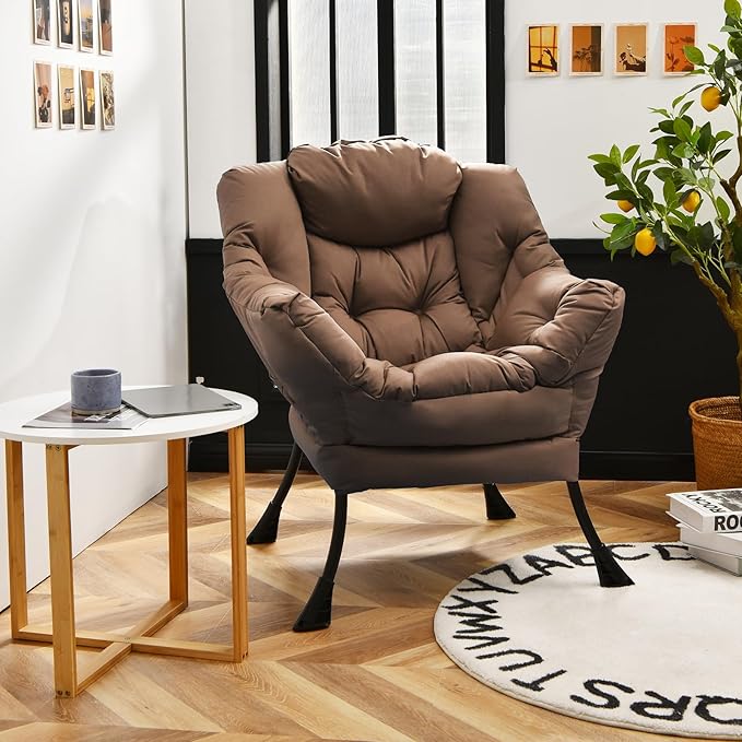GORELAX Modern Lazy ChairUpholstered Lounge Accent Chair Single Leisure Sofa Chair with Armrests &amp Side Pocket Comfy Reading Chair for Bedroom Living Room Dorm Room (Brown)