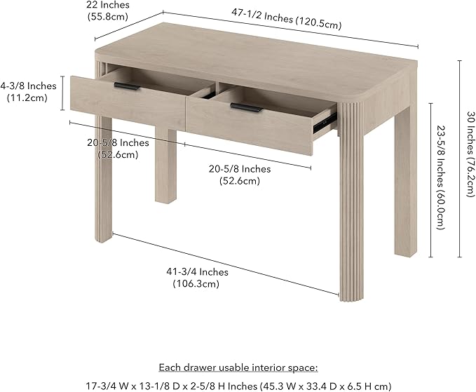 Henn&ampHart 48 Fluted Modern Rectangular Wooden Home Office Desk Computer Desk Writing Table with Ribbed Legs and 2 Storage Drawers for Bedroom Living Room or Home Office Beech White