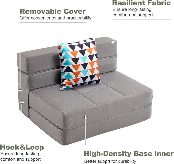 ARTPLAN Fold Sofa Bed-Sleeper Single with Pillow Modern Futon Sleeper Chair Guest Bed with Washable Linen Cover Foldable Mattress for Living Room Dorm ApartmentLight Gray