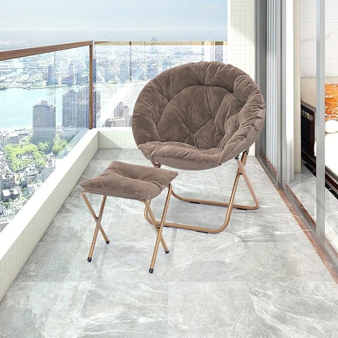 Athena Collection Round Saucer Chair with Ottoman Set for Adults Oversize Comfy Cozy Faux Fur Folding Reading Chair with Metal Leg Lazy Relaxing for Living Room Bedroom Dorm Apartment Beige