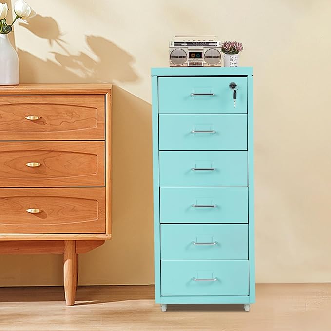 6 Drawers File Cabinet with Lock Rolling Mobile Filing Cabinet with Wheels Under Desk Vertical Filing Cabinet for Office/Home Metal (Light Blue)