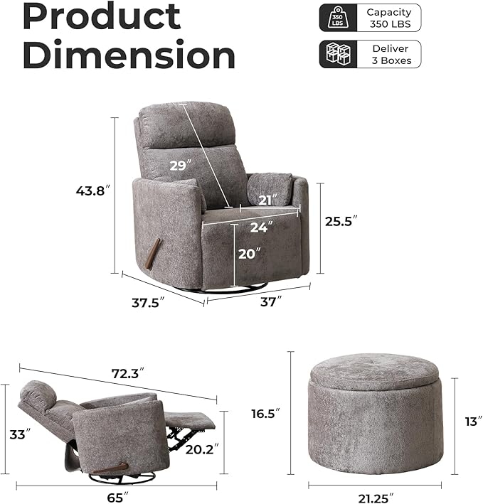 Oversized Swivel Rocker Recliner Chair with Massage and Heat Manual Swivel Glider Rocker Recliner with 2 Bolster Pillows Rocking Nursery Chair with Storage Ottoman  Adjustable Headrest Dark Grey