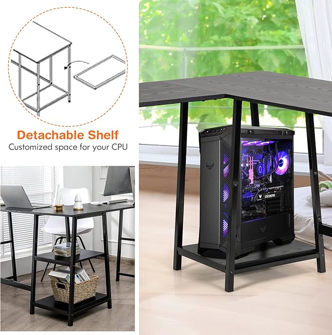 Tangkula L Shaped Desk Space Saving Corner Desk w/ 2 Tier Storage Shelves Study Writing Desk Workstation with Reinforced Metal Frame Home Office Desk (Black)