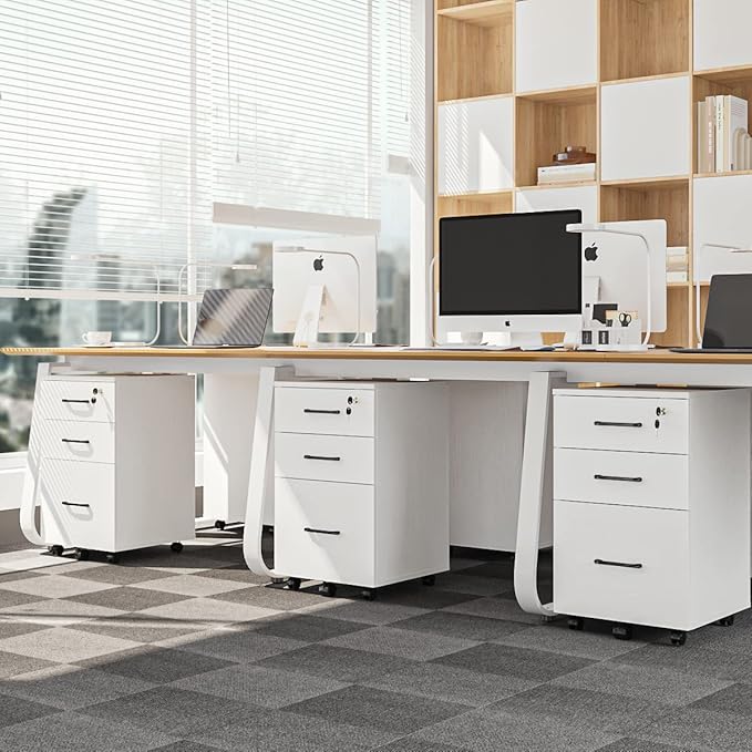 Panana 3 Drawer Wood Mobile File Cabinet Under Desk Storage Drawers Small File Cabinet for Home Office (White)
