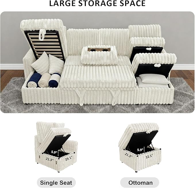 104 U Shaped Sleeper Sofa Bed Sectional Couches for Living Room Plush Corduroy Pull Out Couch Bed with Storage Modular Sectional Couch with Charging Station Cup Holder Side Pocket Beige
