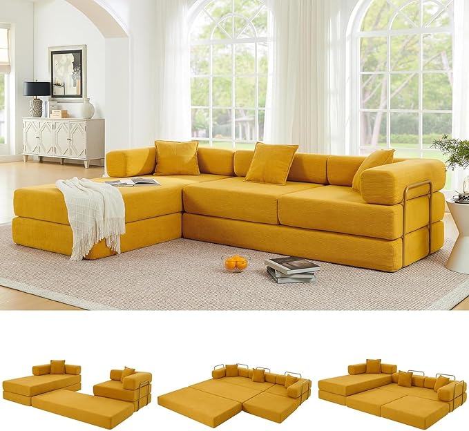 108'' Modular Sectional Sofa Bed Convertible Folding Sofa Bed With Removable Backres Boneless Cloud Couch with Deep Seat Modern Fold-Out Futon Couch Bed for Living Room No Assembly RequiredYellow
