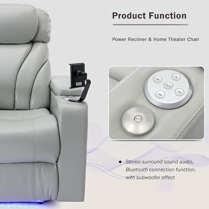Merax Power Motion Recliner with USB Charging Port and Hidden Arm Storage Home Theater Seating with Convenient Cup Holder Designand Stereo(Light Grey)