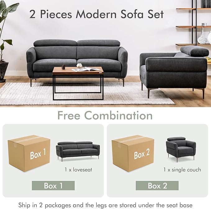 Giantex Sofa Couch and Accent Chairs Set Adjustable Headrest Comfortable Upholstery Cushion Easy Assembly 2-Seat Loveseat and Single Sofa for Living Room Reception Room Apartment Gray