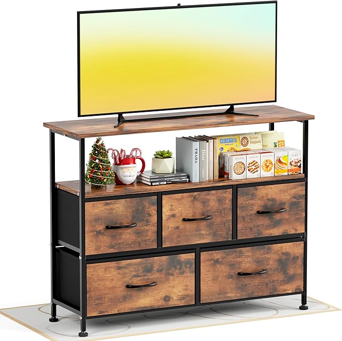 Simple Deluxe TV Stand Dresser for Bedroom Entertainment Center with 5 Fabric Drawers Storage Organizers Units for Living Room Media Console Table with Open Shelf up for 45 TV Rust Wood top